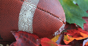 Football on the ground surrounded by autumn leaves