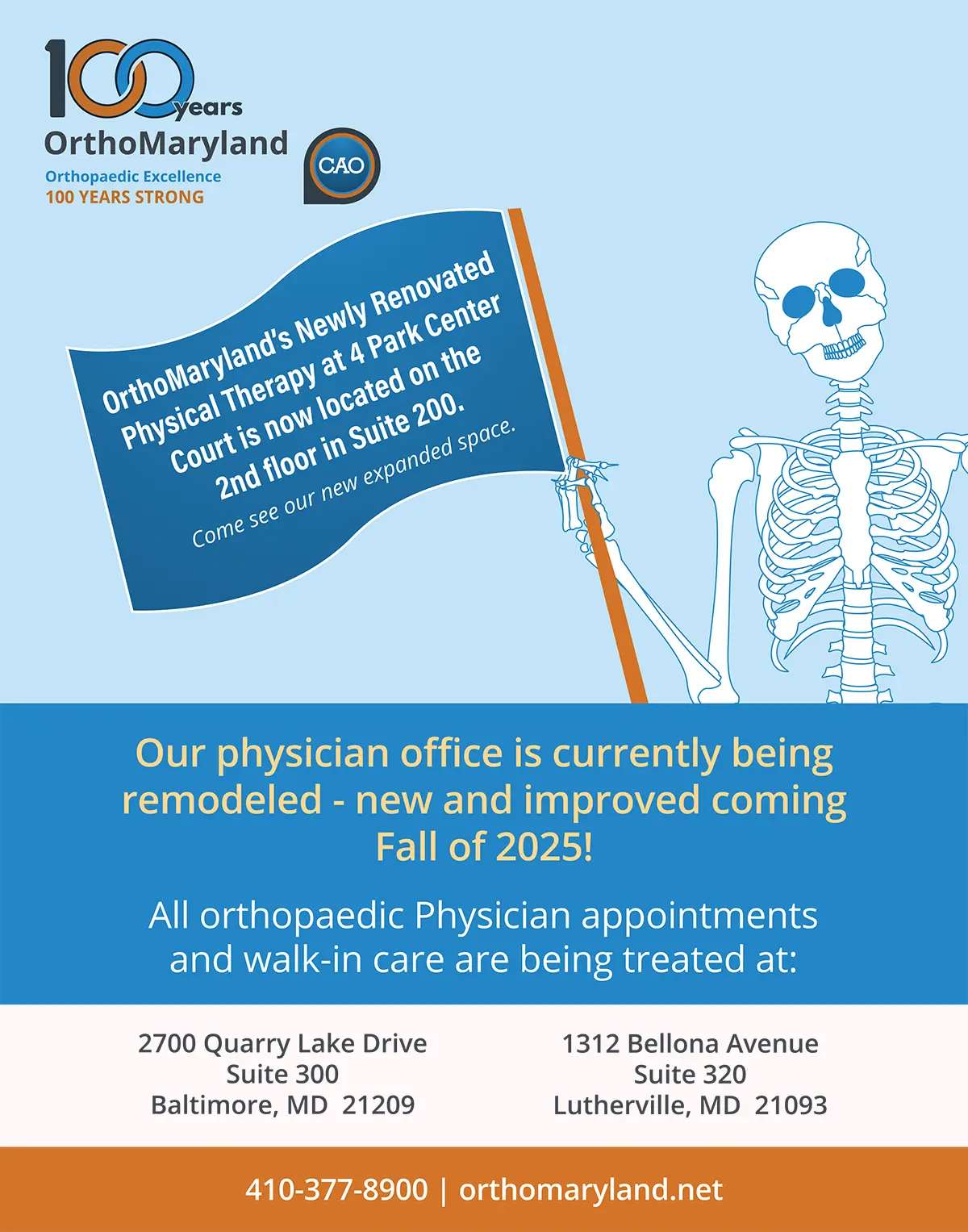 OrthoMaryland's Newly Renovated Physical Therapy at 4 Park Center Court is not located on the 2nd floor in Suit 200. Our physician office is currently being remodeled. All orthopaedic Physician appointments and walk-in care are being treated at our Baltimore at Quarry Lake and Lutherville offices